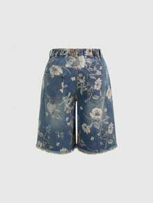 ROMWE Fairycore Summer Outfits Vintage Floral Print Washed Plus Size Women Loose Wide Leg Cropped Jeans - Blue - View 4