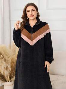 Lacomfia 休闲毛绒撞色拉链领长袖宽松常规秋冬加大码连衣裙 - 彩色 - 查看 6