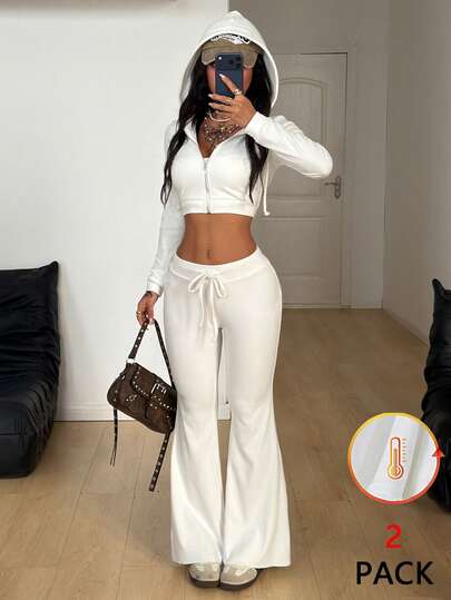 Coolane Women's Fall/Winter Going Out Streetwear Y2K Sport Basic Daily Wear Stretchy Bustier Warm White Hooded Crop Sweatshirt And Low Rise Petite Bell Bottoms 2pcs
