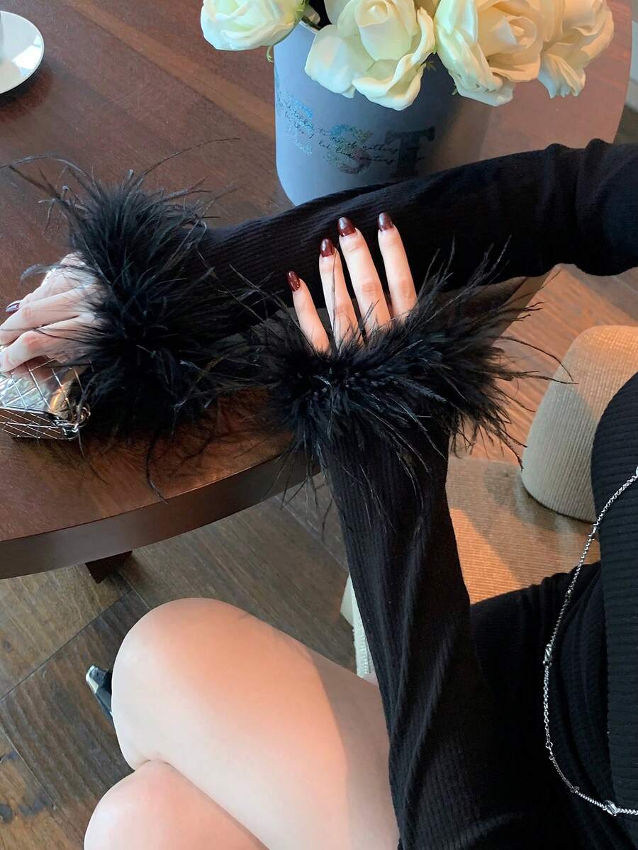 DAZY Women's Autumn Patchwork Fuzzy Cuff Bodycon Dress, Back To School Season Y2k - Black - View 1