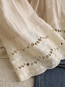 CosyJoli Plus Size Casual V-Neck Long Sleeve Shirt With Tie-Up,Slightly Sheer, Floral Lace Patchwork Texture Clothes For Women Spring