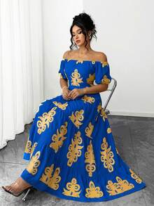 Elenzga Đầm cỡ lớn in họa tiết, thanh lịch, buộc dây, trễ vai, thắt eo. - Xanh đậm - Xem 5