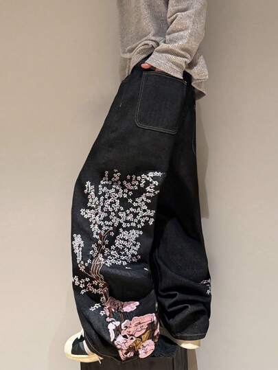 STEELVANCE Jeans rectos y holgados con diseño bordado de árbol floral que estilizan la figura