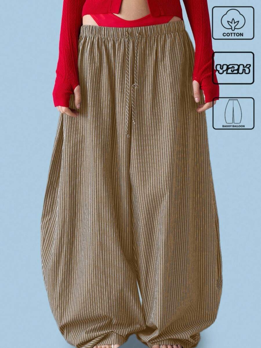 COUREZ 低腰条纹宽松筒裤 夏季棉质 - 芥末黃 - 查看 1