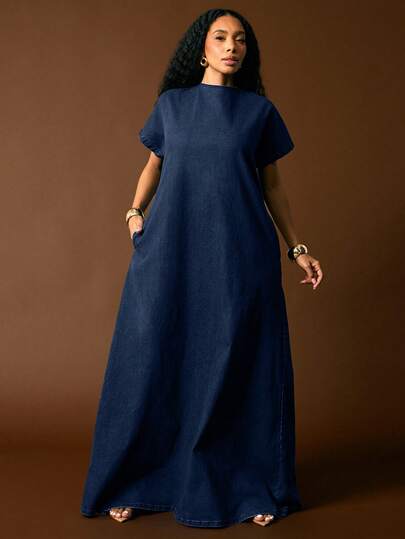 Vixey Cuffed Drop Shoulder Sleeve Deep Open V Neck Back Maxi Denim Dress