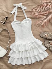 Teen Girls Dresses Vacation Mini Dress With Elastic Ruched Bust, Tie Neck, Bowknot, And Tiered Ruched, Can Wear Inner Or Outer,Summer Dresses ,Solid White Dress - White - View 2