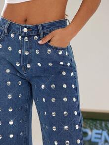 Denimoi Calça Denim Reta com Detalhes em Tachas Prateadas, Moda, Outono e Inverno