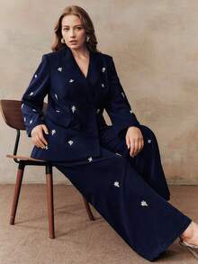 Valentine Anewsta Women's Plus Size Elegant Formal Pants, Chic Luxury Embellished Slim Fit Trousers For Party, Work, Graduation, Wedding, Red Dress - Navy Blue - View 4