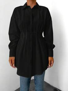 EURMUSE Cotton Drop Shoulder Fold Pleated Shirt - Black - View 3