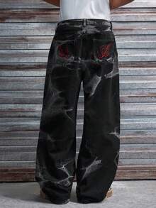 AXEPEAK Men's Washed Loose Casual Pants, Embroidered Design, Stylish & Unique Men Baggy Jeans - Black - View 3