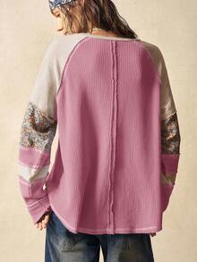 Bohemela Áo kiểu nữ dáng rộng, cổ tròn, tay dài, phối nhiều mảnh vải, chất liệu dệt kim, thích hợp cho nữ. - Hồng - Xem 7