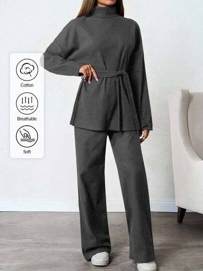 SHEIN Tall Solid Color Turtleneck Casual Sweater 2pcs/Set