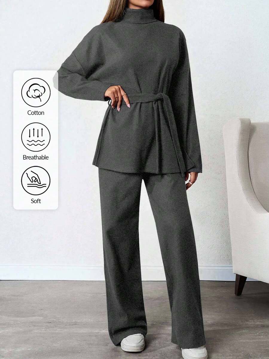 SHEIN Tall Solid Color Turtleneck Casual Sweater 2pcs/Set, Tall Women - Dark Grey - View 1