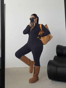 POPSWAY 加大码黑色长袖连体裤，前拉链，腰部收紧，修身剪裁，纯色，百搭，日常穿着 - 藏蓝色 - 查看 3