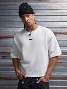 AXEPEAK 男士休闲宽松短袖T恤，白色，饰有手工水钻贴片，夏季款