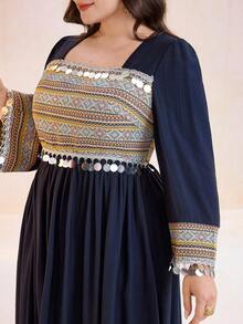Al Najma New Contrast Color Patchwork Embroidered Waist Cinching Vacation Beach Dress Kaftan Jalabiya Dress - Navy Blue - View 1