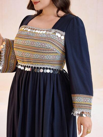 Al Najma 加大码新款撞色拼接刺绣收腰度假沙滩裙