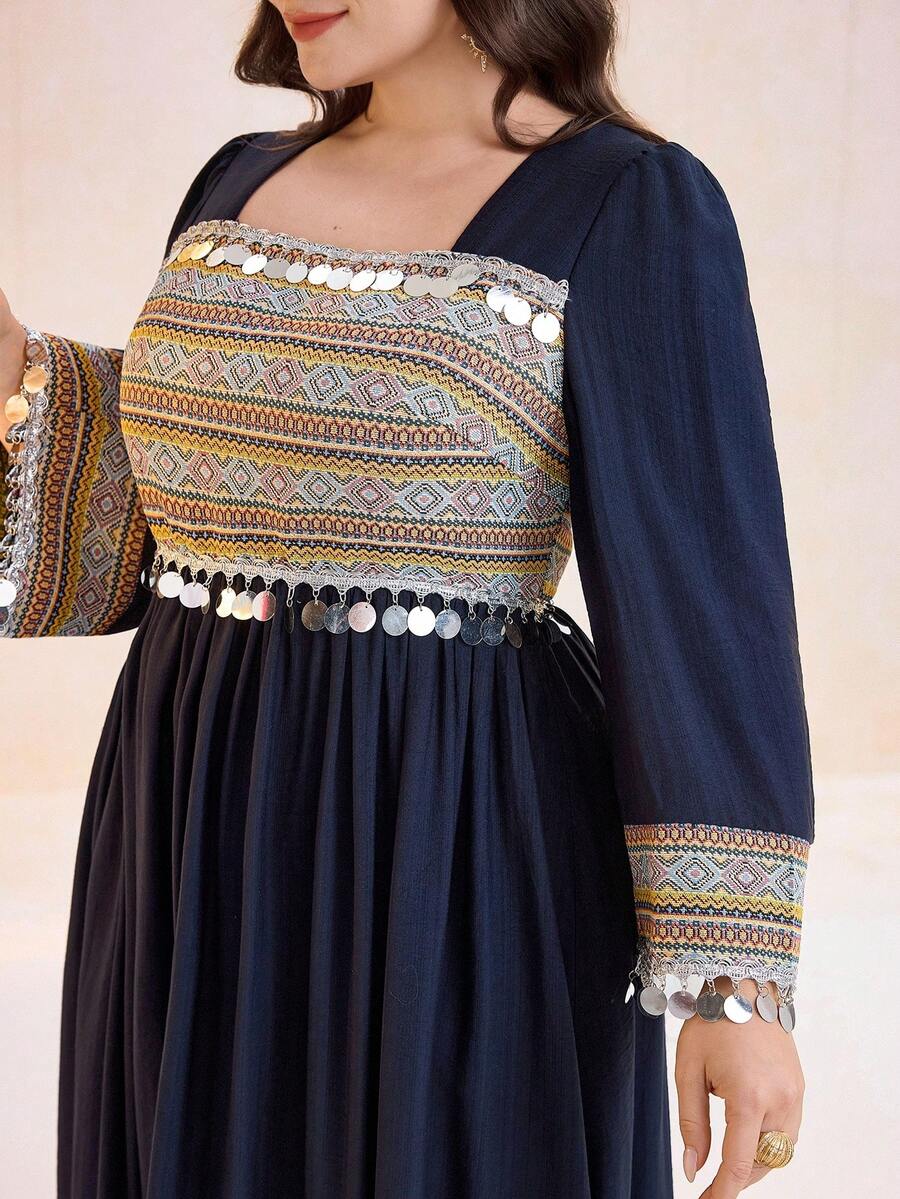 Al Najma New Contrast Color Patchwork Embroidered Waist Cinching Vacation Beach Dress Kaftan Jalabiya Dress - Navy Blue - View 1