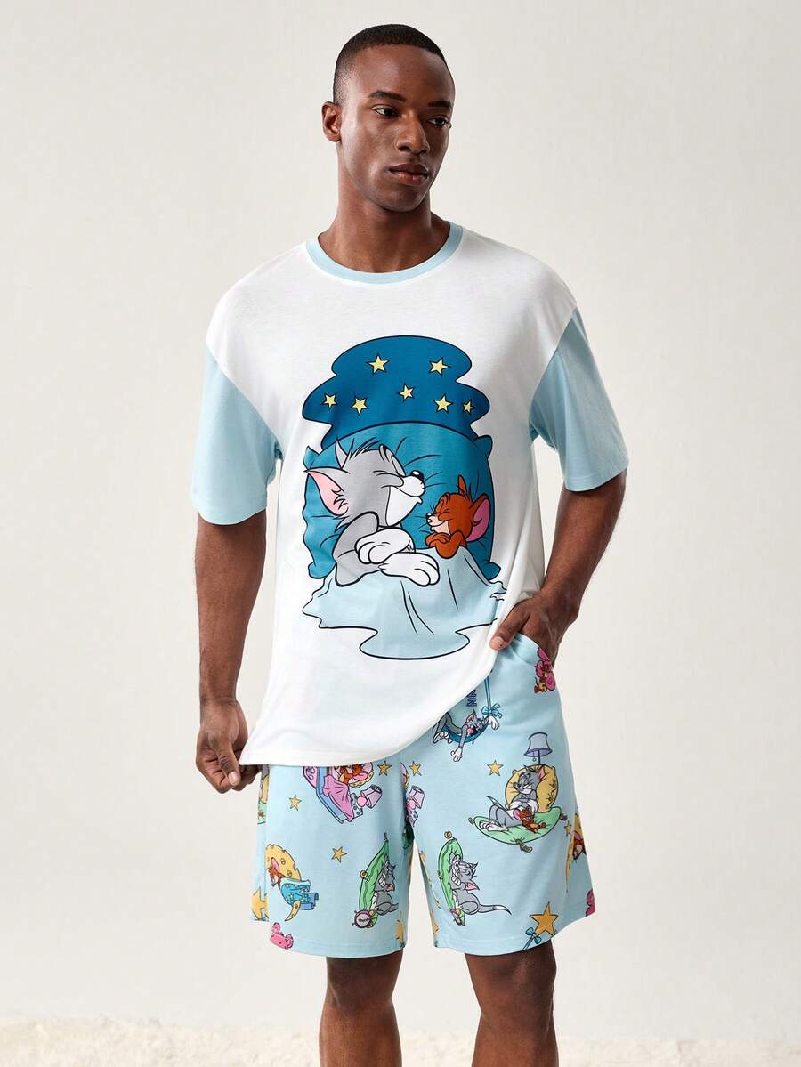 TOM & JERRY X SHEIN طقم ملابس داخلية مريح للرجال مكون من تي شيرت بأكمام قصيرة وشورت بطباعة كرتونية، للصيف - أبيض - مشاهدة 1