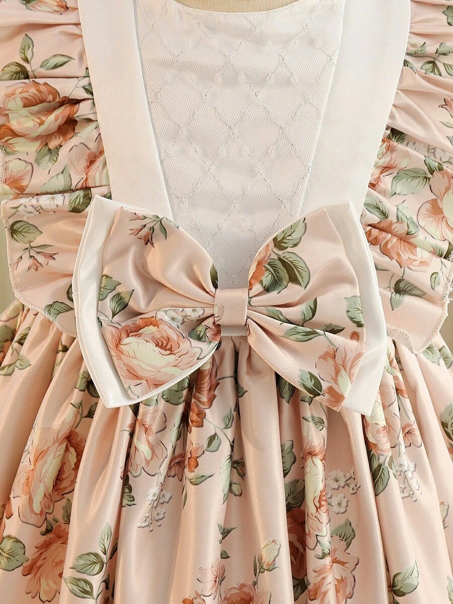 Glamorique Kids Young Girl Floral Print Color Block Ruffle Armhole Bow Tie Waist Flared Hem Party Dress Girl Floral Dress Bows Dress Apricot Dress For Girl Elegant Flower Girl Dress Princess Dress For Girl - Pink - View 1