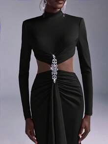 Elitara Minimalist Red Rhinestone Embellished Mermaid Maxi Dress, Suitable For Attending Formal Parties, Gatherings And Galas Cut Out Dresses - Black - View 5