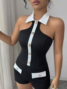 Elenzga Conjunto de 2 piezas de mujer para vacaciones elegantes, top sin espalda de punto negro y blanco con hebilla metálica sin mangas + shorts, para primavera/verano - Negro - Ver 6