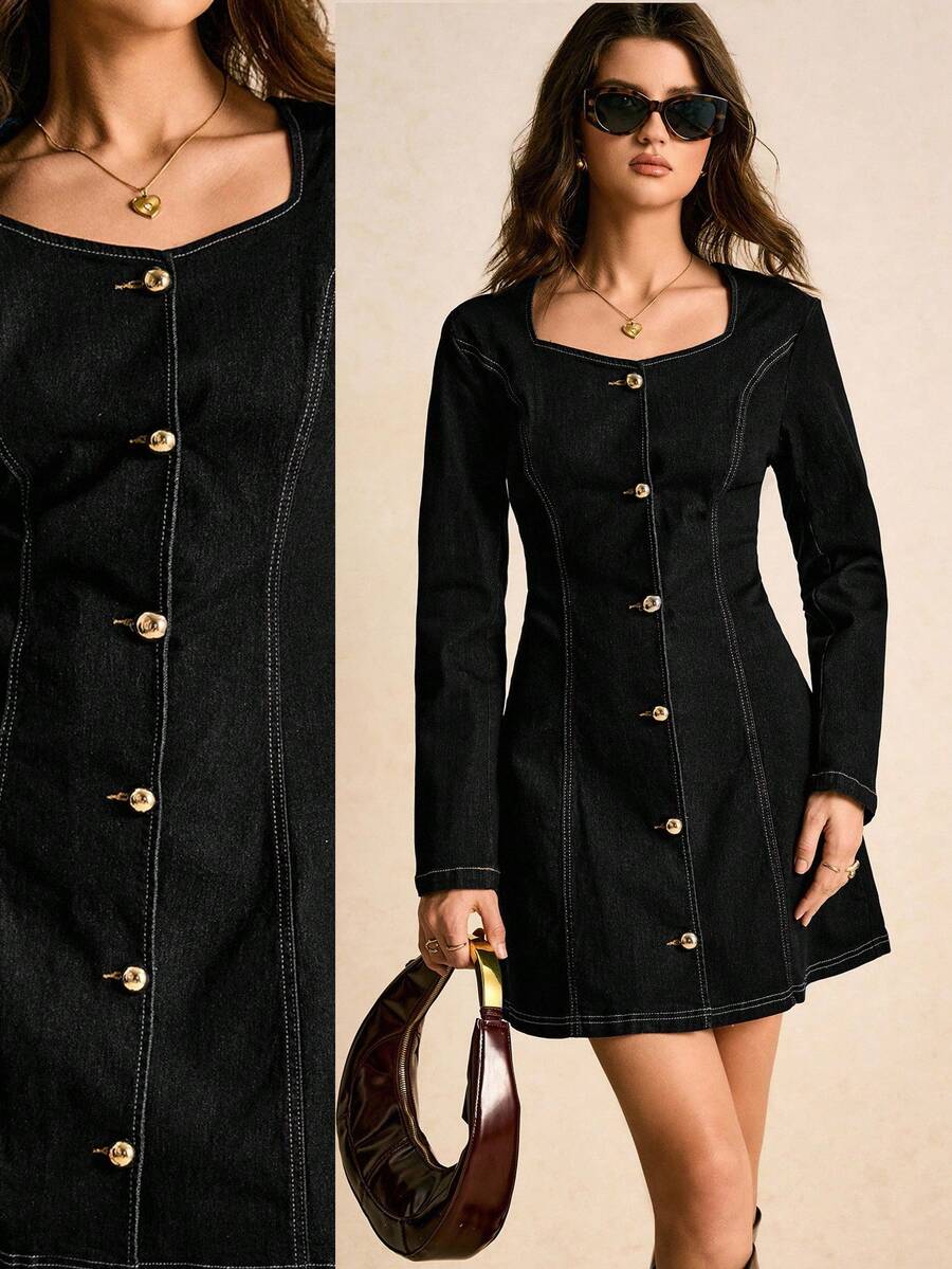 Poéselle 新款复古时尚纽扣腰牛仔连衣裙，长袖连衣裙，女士冬季连衣裙 - 黑色 - 查看 1