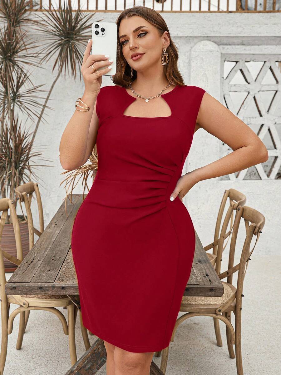 SHEIN Clasi Plus Size Ruched Fitted Mini Dress,Bodycon Dress,Red Dress, Summer Dresses - Red - View 1