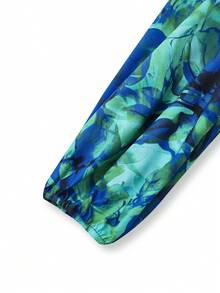 Breezaya 女士优雅印花V领荷叶边灯笼袖衬衫，秋季 - 青碧色 - 查看 4