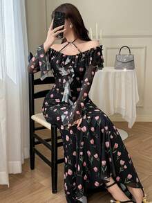 Feyla Women's Elegant Floral Print Off Shoulder Tie-Front Ruffle Sleeve Maxi Dress, Vacation Style, Spring/Summer/Autumn - Black - View 5