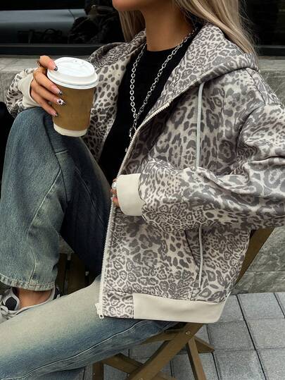 DAZY 女士时尚豹纹连帽卫衣长袖