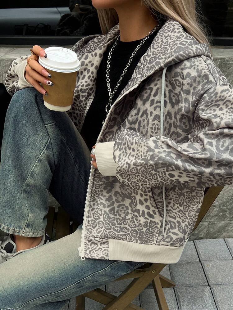 Women's Fashionable Leopard Print Hoodie Sweatshirt Long Sleeve