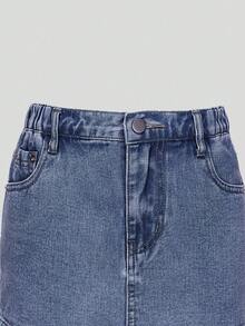 Tween Girls Y2K Style Denim Skort,Fashionable Blue Washed Summer Casual School Back-To-School Versatile Asymmetric Jean Shorts With Elastic Waistband - Dusty Blue - View 5