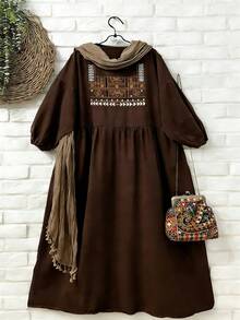 SHEIN Franclia 女士休闲印花长袖穆斯林长袍 - 咖啡棕 - 查看 1