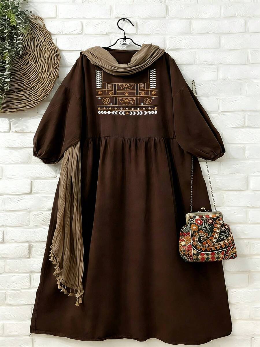 SHEIN Franclia 女士休闲印花长袖穆斯林长袍 - 咖啡棕 - 查看 1