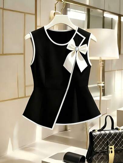 Franclia 新款优雅时尚蝴蝶结领无袖衬衫，不对称下摆设计，适合办公和休闲场合，百搭叠穿单品，女士春夏上衣