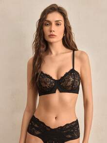 Charlaine Sujetador balconette romántico con encaje floral, parches, aros, relleno y realce del escote, cómodo para uso diario, como regalo - Negro - Ver 4