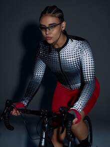 Powerista Women's Fashion Gradient Zipper Front Fitted Long Sleeve Cycling Jersey Top