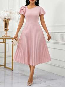 SHEIN Lady Elegant enfärgad asymmetrisk halsringning veckad mellanlång klänning för kvinnor - Rosa - Visa 3