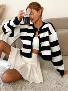 EURMUSE Striped Pattern Drop Shoulder Cardigan - Beige - View 5