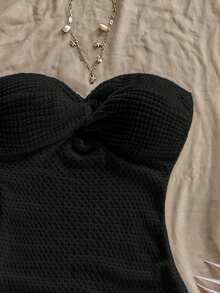 Soleia 女士夏季度假纯色前扭结抹胸连衣裙 - 黑色 - 查看 7