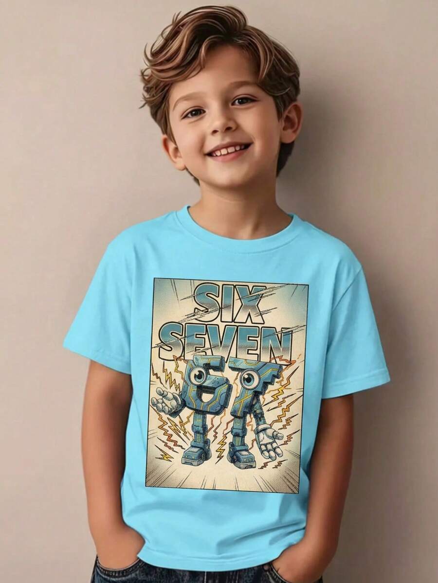 Playera para niño estilo urbano con estampado de cómic algodón suave corte holgado manga corta verano uso escolar y al aire libre playera - Azul - Ver 1