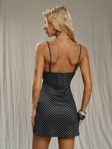 TRNVIE 1 chiếc đầm mini dáng chữ A xòe rộng, cổ chữ V, dây mảnh, thun co giãn, chất liệu dệt kim, dành cho nữ, thích hợp mặc đi làm, dự tiệc cưới, các dịp lễ. - Đen và trắng - Xem 2