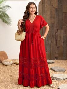 SHEIN Clasi Đầm cỡ lớn thanh lịch phối ren cổ chữ V kiểu Bohemian - Đỏ - Xem 6