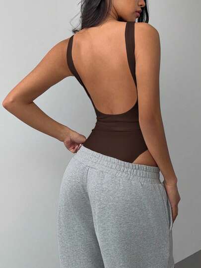SHEIN BASICS Women's Casual Solid Color Backless Bodysuit