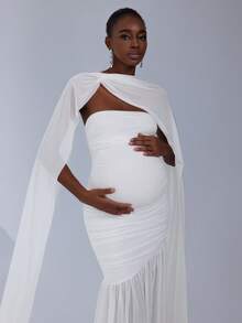 Cheriluna Maternity Elegant Maternity Photography Dress, High Stretch Shawl Collar Dress, Fitted Maternity Gown Maternity White Dress Pregnancy Photoshoot Dress Pregnancy Clothing Pregnant Outfits - White - View 7