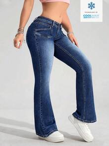 SHEIN ICON Quần jeans nữ cạp thấp, thời trang, phong cách retro, ôm sát, ống loe, đa năng. - Màu xanh lam - Xem 3