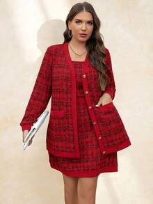 SHEIN Clasi 2pcs Plus Size Women Outfit - Tweed Print Jacket And Dress, Suitable For Teachers, Autumn