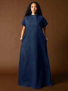 Vixey 露肩袖口收口深V领露背牛仔长裙