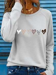 Mujer casual camiseta estampado gráfico love corazón amor día san valentín cerezas cereza enamorados pareja linda tierna cute rayas rayones dibujo letras creativo ajuste regular cuello redondo manga larga primavera erano uso diario comoda fresca ligera - Gris - Ver 1